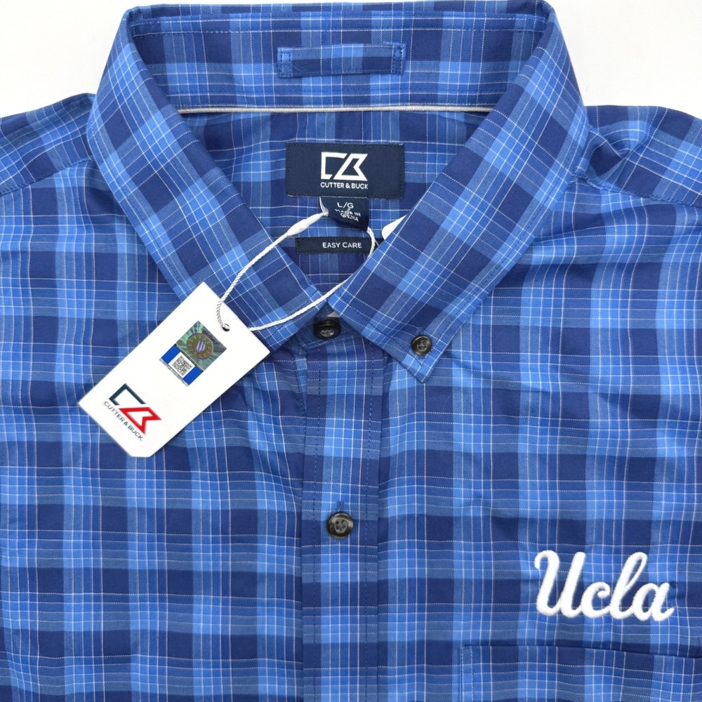 UCLA Bruins Cutter & Buck Button Down Men L Tour Blue Plaid Short Sleeve NWT